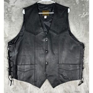 Genuine Leather Biker Vest Mens 3XL Black Good Side Lace Snap Front Motorcycle